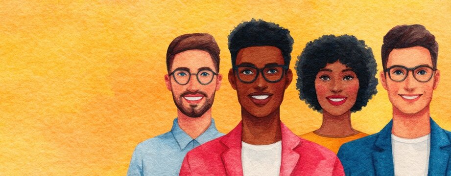 diverse group of young professionals smiling together in watercolor style illustration with copy space representing positive workplace culture and team collaboration concept
