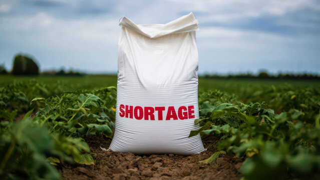 Fertilizer shortage concept with sack labeled shortage on agricultural field, supply chain disruption and price surge impacting farming production, global agriculture crisis linked to export bans and 