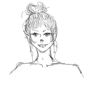 Stylish line sketch of a smiling girl with tied-up hair and earrings, playful and confident character design.