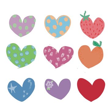 Set cute pastel heart doodles with playful patterns and fruit-inspired designs, colorful minimal illustration set.