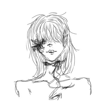 Stylish sketch of a girl with long messy hair covering one eye and a flower detail, expressive and artistic line art.