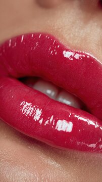 Glossy vibrant red lips with subtle gloss reflecting light showcasing smooth texture and sensual lip contour in a close-up beauty portrait photograph