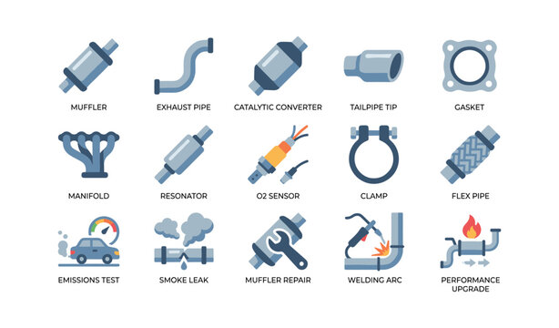 Exhaust system and muffler icons arranged on white background