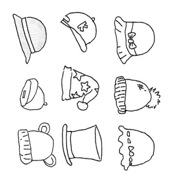 Set cute hand-drawn winter hat doodles in minimal black and white style, playful fashion sketch collection.