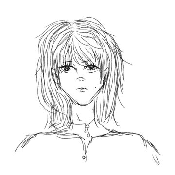 Black and white sketch of a soft-featured girl with messy layered hair and calm expression, minimal line art style.