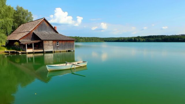 Rustic Wooden Boathouse by a Calm Lake with a Rowing Boat in Summer