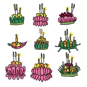 Set colorful Loy Krathong doodles with candles and flowers, cute traditional Thai festival illustration set.