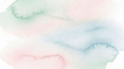 Fototapeta premium Delicate pastel watercolor wash background, with soft blended, strokes of green, blue, and pink, paint on a, textured white paper surface