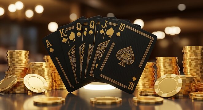 Royal flush poker cards gold chips