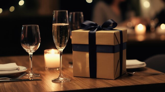 Table set with champagne gift box and glasses. Candlelight dinner for celebration. Romantic evening with festive decor. Special occasion fine dining ambiance. Toast to good times.
