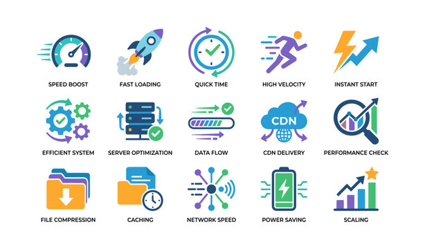 Performance and optimization icons arranged in grid on white background