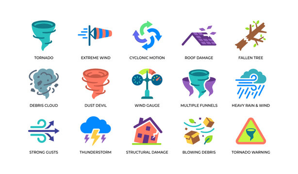 Wind and tornado icons showing storm damage on white background