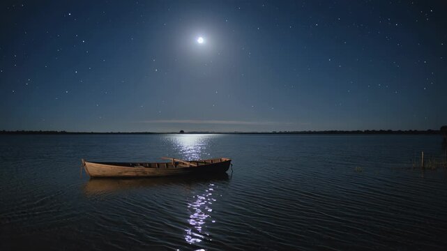 Small wooden boat floats on calm lake under bright moonlight at night