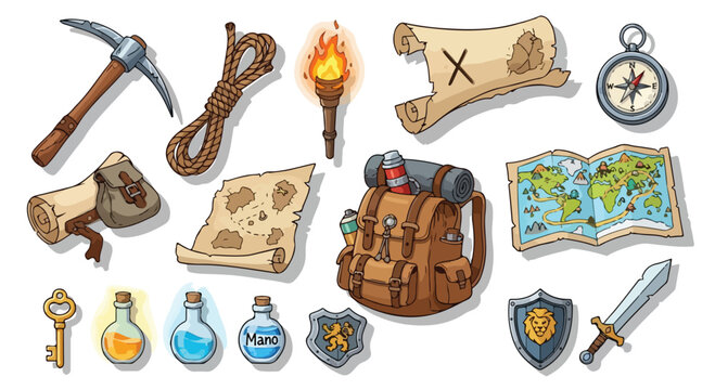 Adventure quest fantasy RPG equipment set, medieval explorer gear icons, 15 vector game assets with treasure map and backpack