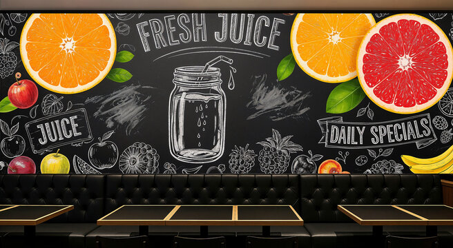 Chalkboard mural with fresh juice theme and assorted fruits in cafe, showcasing daily specials for healthy menu