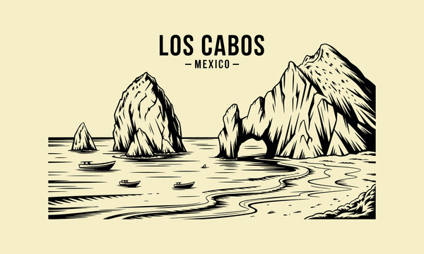 Los Cabos Mexico Arch Rock Formations Beach and Boats Illustration Keywords: Los Cabos Mexico