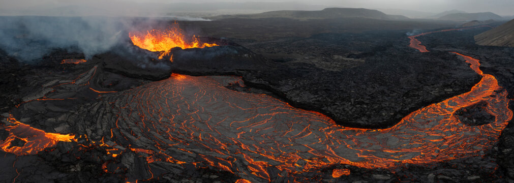 Beautiful aerial panoramatic view of active volcano