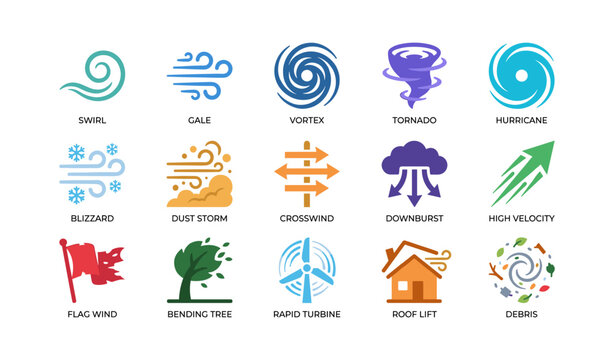 Wind hazard symbols representing storm types and effects