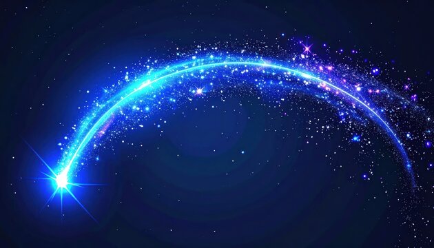 Bright Blue Comet Trail Streaking Across Dark Starry Night Sky.