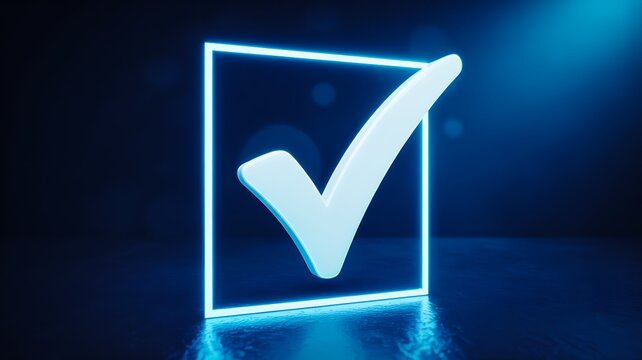 Glowing check mark icon in digital box approval verification concept