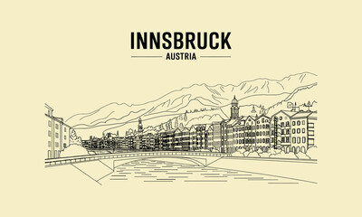 Fototapeta premium Innsbruck Austria Cityscape Sketch with River and Mountains Keywords: Innsbruck, Austria
