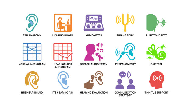 Hearing care icons illustrating audiology services in grid