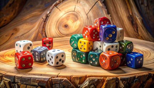 A vibrant collection of colorful polyhedral gaming dice, including d4, d6, d8, d10, d12, and d20, intricately stacked and scattered on a rustic wooden background.