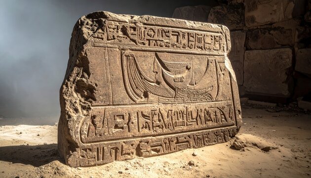 Intricately carved ancient Egyptian hieroglyphs on a weathered limestone tablet depicting a ship