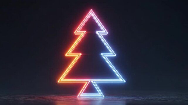 Flashing neon christmas tree shape with colorful lights reflecting on a dark, wet floor