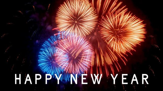 Colorful fireworks exploding in the night sky for a happy new year celebration and holiday event