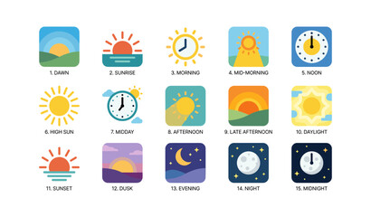 Fototapeta premium Grid of time of day icons showing dawn to midnight