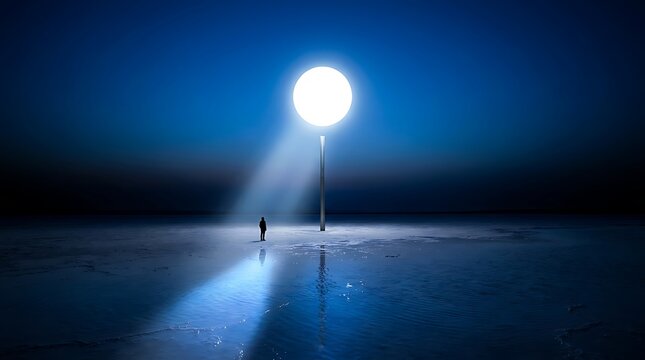 A lone silhouette stands on a vast, reflective salt flat under a glowing artificial moon on a tall pole against a deep blue night sky