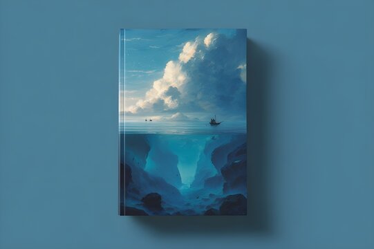 Book cover illustration, 6x9 inch vertical composition, wide open sea under blue sky, dark thunderstorm clouds from horizon, soft dramatic light, contrast between calm and tension, small fishing boat 