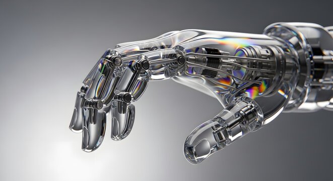 Transparent robotic hand with visible gears. Advanced prosthetics and futuristic technology. Glass mechanical fingers reaching forward against a grey background.