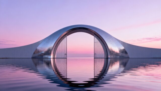 Modern reflective arch structure over water