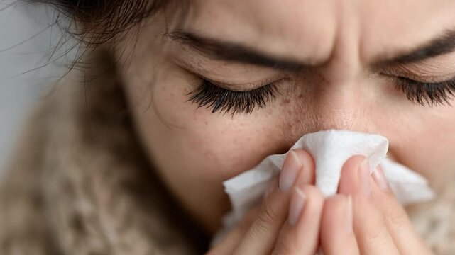 Sick woman with closed eyes suffering from a cold or flu, using a tissue to wipe her runny nose