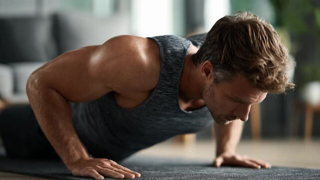 Athletic man doing a push-up workout on a yoga mat in his living room for fitness and strength