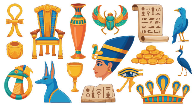 Ancient Egypt game icon set featuring gold scarab stone tablet pharaoh throne papyrus scroll coins and ankh in cartoon UI vector style