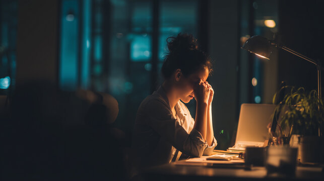 Woman crying quietly at desk late at night ,people, women in stress, men sitting on the chair with sadness, people with burnout, stress , photo style