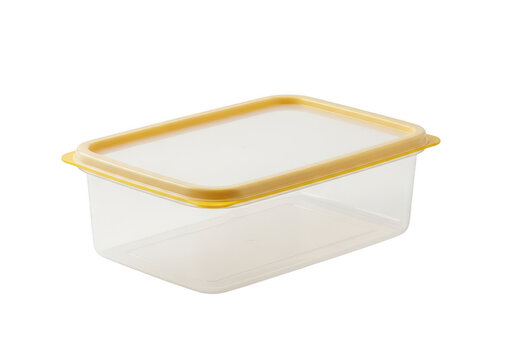 Clear plastic storage container with gold trim lid isolated on transparent background