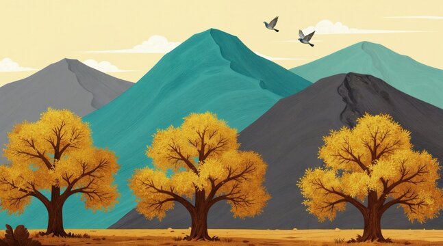 Three walnut trees with golden foliage stand against backdrop of teal and grey mountains. Two birds fly across pale yellow sky with thin clouds. Autumnal landscape in flat graphic style.