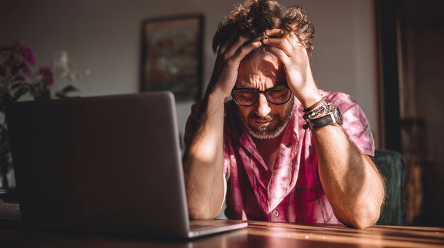 Man slowly closing laptop with defeated expression ,people, women in stress, men sitting on the chair with sadness, people with burnout, stress , photo style