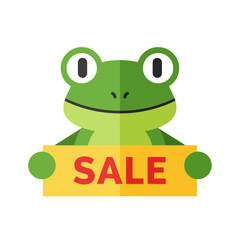 Fototapeta premium Cute cartoon frog holding a yellow sign with the word SALE in red, isolated on white background, illustration