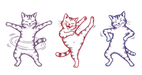 Naklejka premium Dancing Cat Character Doodle Set – Cartoon Kitten Poses Hand Drawn Sketch Illustration