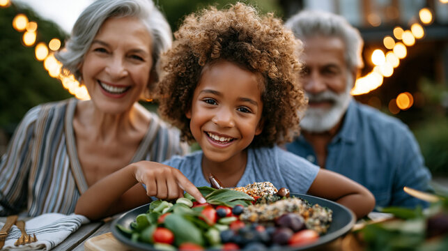 Child sitting between two grandparents at an outdoor summer picnic table, pointing at her plate and naming each food group aloud, ideal for family nutrition, child perspective, and modern outdoor th