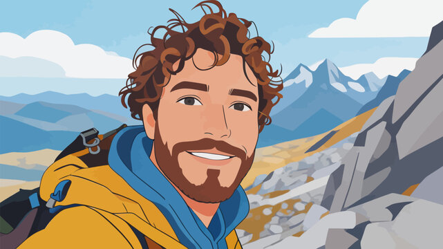 Flat illustration of a male hiker taking a selfie on mountain peak