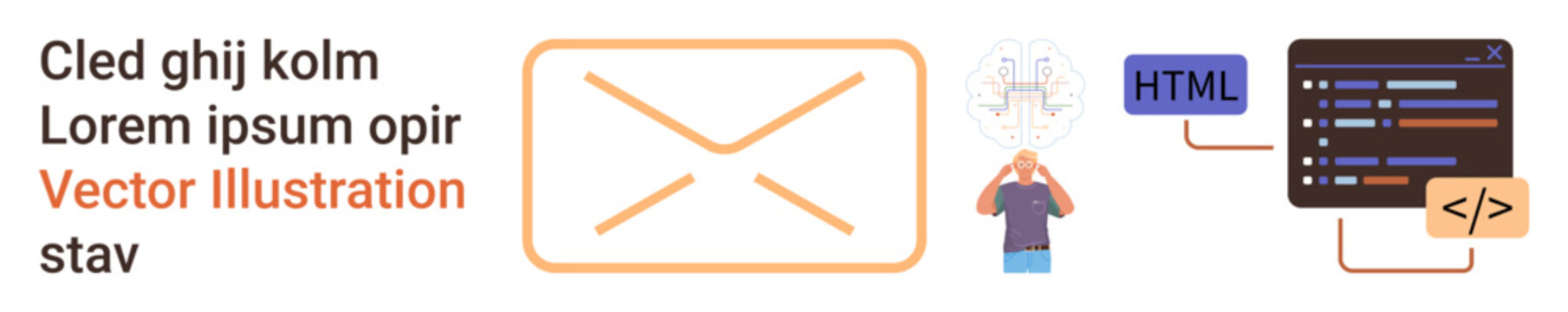 Email systems, web development, communication tools, programming, technology innovation, coding basics. Elements include an envelope, a person with a hologram and HTML code snippets. Email systems