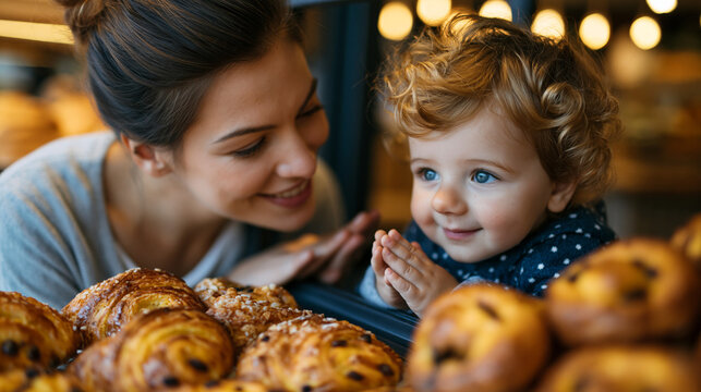 Child pressing her nose against a glass bakery case, mother crouching beside her explaining portion sizes using her hands, warm ambient light inside a busy neighborhood bakery, ideal for portion tea