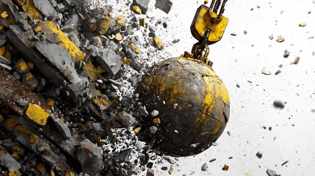 Demolition ball smashing through concrete wall with rubble flying