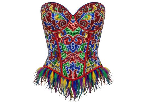 Vibrant tie-dye fringe corset top with colorful patterns isolated on transparent background